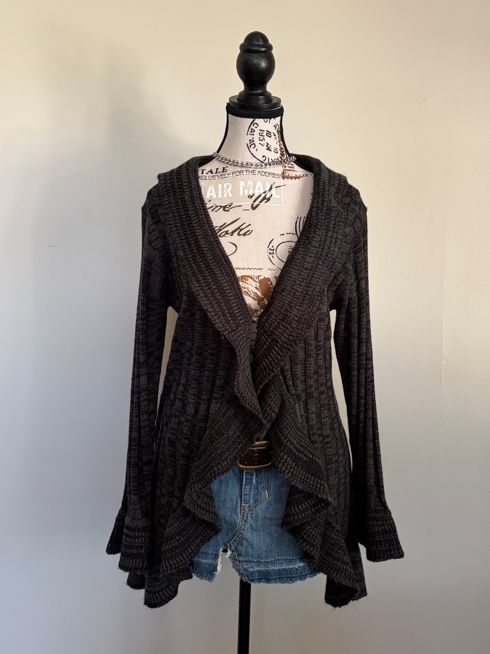 Y2K Gray Ruffle Cardigan Ribbed Knit Sweater Whimsigoth 2000s